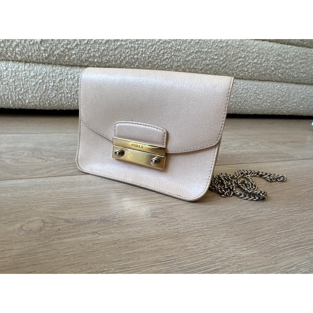 Furla Julia Mini Crossbody Bag Blush Pink Saffiano Leather Gold Chain Flap Purse